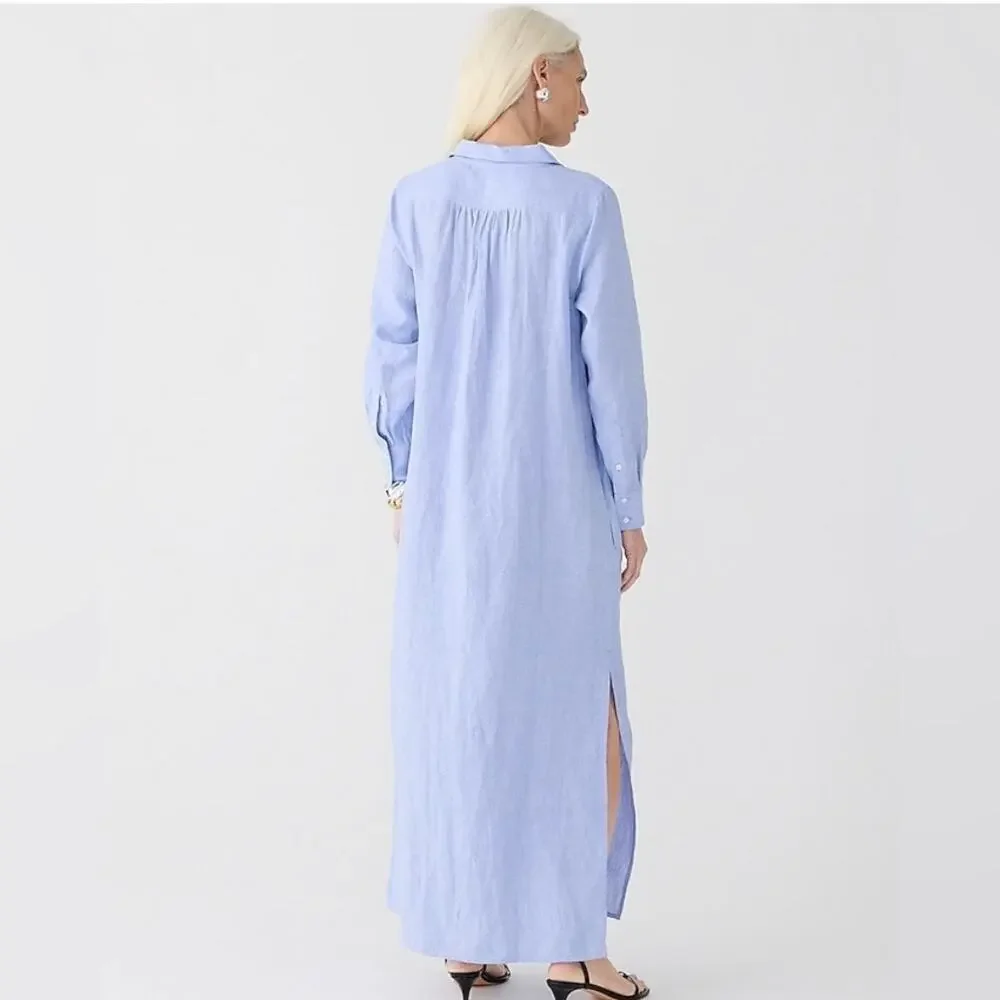 J Crew Bungalow Maxi Popover Dress XS in Linen Blue Quiet Luxury Coastal Beach